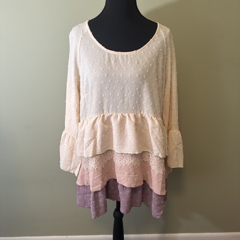 Suzanne Betro‎ Pink Tiered Women's Top Lace Boho Cottagecore Flowy Medium NEW